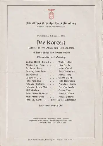 Staatliches Schauspielhaus Hamburg, Karl Wüstenhagen: Theaterzettel Hermann Bahr DAS KONZERT 7. Dezember 1943 Spielzeit 1943 / 44 Nr. 5. 