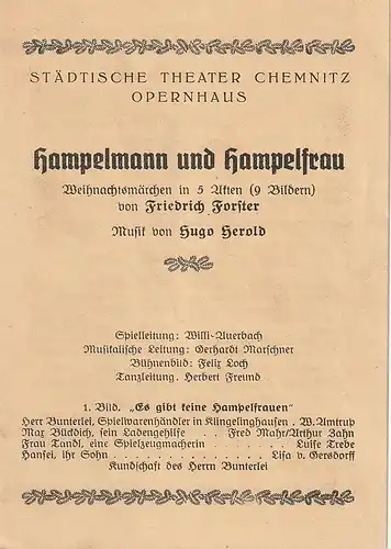 Städtische Theater Chemnitz Opernhaus: Programmheft HAMPELMANN UND HAMPELFRAU Weihnachtsmärchen in 5 Akten von Friedrich Forster. 