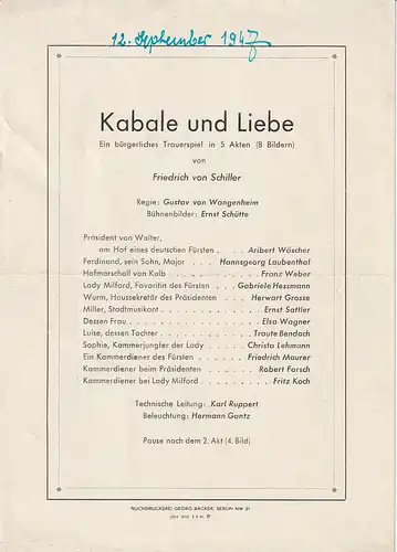 Max Reinhardts Deutsches Theater: Theaterzettel Friedrich von Schiller KABALE UND LIEBE 1947. 