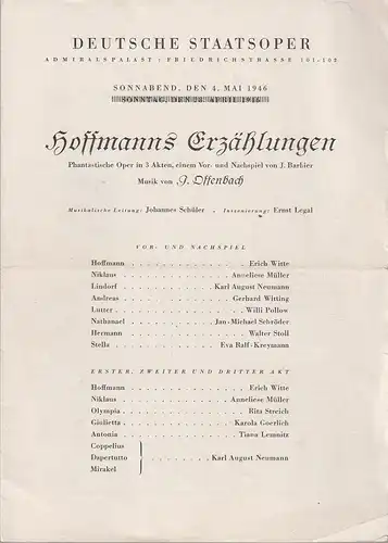 Deutsche Staatsoper: Programmheft Jacques Offenbach HOFFMAMMS ERZÄHLUNGEN  4. Mai 1946 Admiralspalast. 