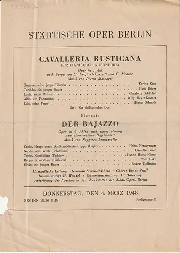 Städtische Oper Berlin: Theaterzettel Pietro Mascagni CAVALLERIA RUSTICANA / Ruggiero Leoncavallo DER BAJAZZO 4. März 1948. 