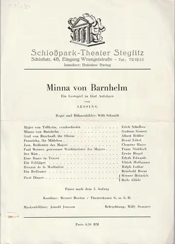 Schloßpark-Theater Steglitz, Boleslaw Barlog: Theaterzettel Gotthold Ephraim Lessing MINNA VON BARNHELM 1948. 