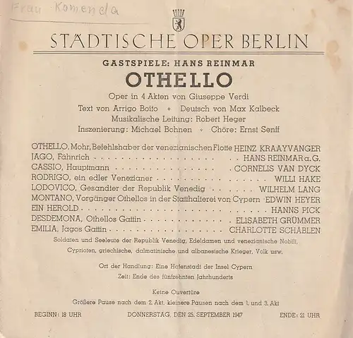 Städtische Oper Berlin, Gastspiele: Hans Reinmar: Programmheft Giuseppe Verdi OTHELLO 25. September 1947. 