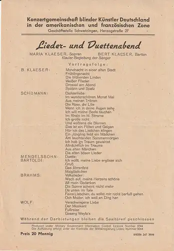 Konzertgemeinschaft blinder Künstler Deutschland in der amerikanischen und französischen Zone: Theaterzettel LIEDER -und DUETTABEND ca. 1948. 
