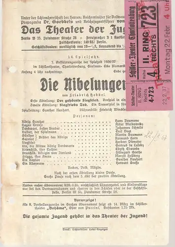 Das Theater der Jugend: Theaterzettel Friedrich Hebbel DIE NIBELUNGEN Spielzeit 1936 / 37. 