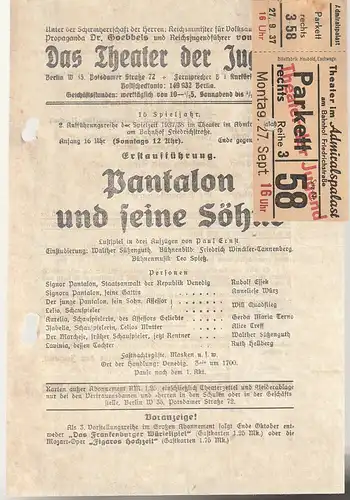 Das Theater der Jugend: Theaterzettel Paul Ernst PANTALON UND SEINE SÖHNE Spielzeit 1937 / 38. 