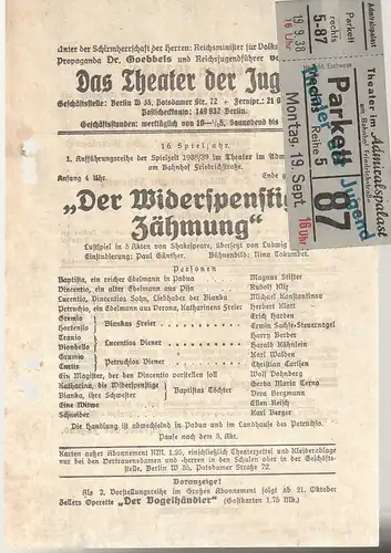 Das Theater der Jugend: Theaterzettel Shakespeare DER WIDERSPENSTIGEN ZÄHMUNG Spielzeit 1938 / 39. 