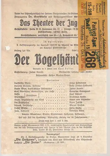 Das Theater der Jugend: Theaterzettel Carl Zeller DER VOGELHÄNDLER Spielzeit 1938 / 39. 