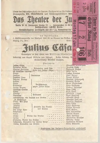 Das Theater der Jugend: Theaterzettel William Shakespeare JULIUS CÄSAR Spielzeit 1937 / 38. 