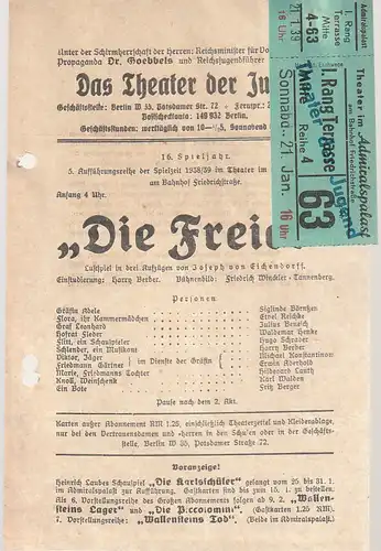 Das Theater der Jugend: Theaterzettel Joseph von Eichendorff DIE FREIER Spielzeit 1938 / 39. 