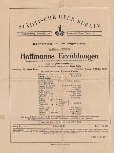 Städtische Oper Berlin: Theaterzettel Jacques Offenbach HOFFMANNS ERZÄHLUNGEN 26. August 1926. 