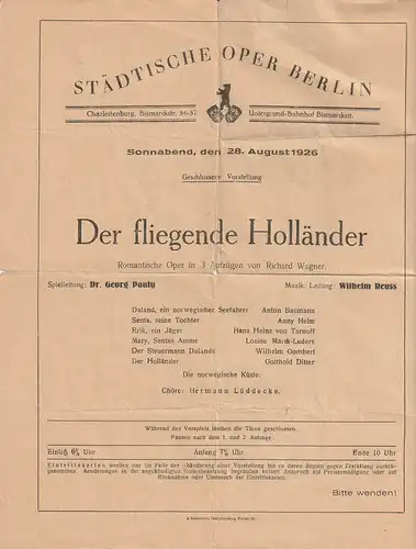 Städtische Oper Berlin: Theaterzettel Richard Wagner DER FLIEGENDE HOLLÄNDER 28. August 1926. 