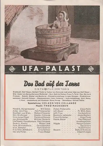 UFA - PALAST Hamburg: Theaterzettel FARBFILM DER TOBIS  DAS BAD AUF DER TENNE ca. 1943. 