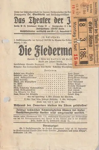 Das Theater der Jugend Berlin: Theaterzettel Johann Strauß DIE FLEDERMAUS Spielzeit 1937 / 38. 