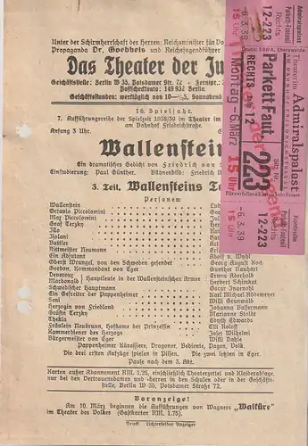 Das Theater der Jugend Berlin: Theaterzettel Friedrich von Schiller WALLENSTEINS TOD Spielzeit 1938 / 39. 