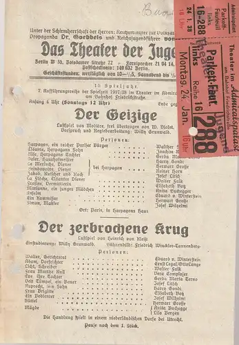 Das Theater der Jugend Berlin: Theaterzettel DER GEIZIGE / DER ZERBROCHENE KRUG Spielzeit 1937 / 38. 