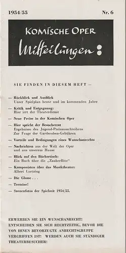 Komische Oper Berlin, Wolfgang Hammerschmidt: KOMISCHE OPER BERLIN MITTEILUNGEN 1954 / 55 Nr. 6. 
