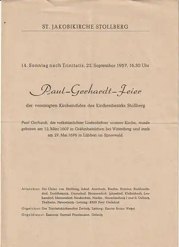 St. Jakobikirche Stollberg: Programmheft PAUL-GERHARDT-FEIER DER VEREINIGTEN KIRCHENCHÖRE DES KIRCHENBEZIRKS STOLLBERG 14. Sonntag nach Trinitatis 22. September 1957. 