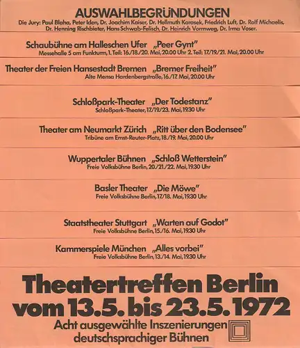 Theatertreffen Berlin 1972: Programmheft THEATERTREFFEN BERLIN 13. Mai bis 23. Mai 1972 Acht ausgewählte Inszenierungen deutschsprachiger Bühnen. 