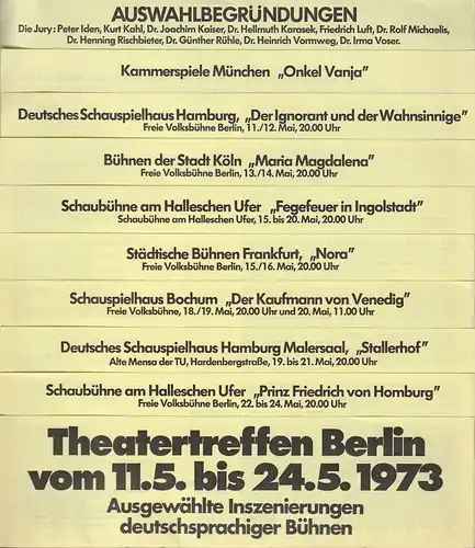 Theatertreffen Berlin 1973: Programmheft THEATERTREFFEN BERLIN 11. Mai bis 24. Mai 1973 Ausgewählte Inszenierungen deutschsprachiger Bühnen. 