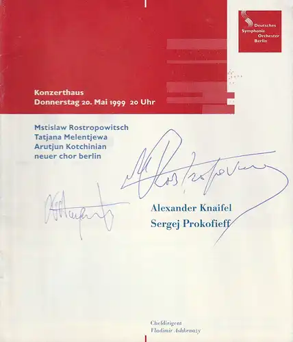 Deutsches Symphonie-Orchester Berlin, Dieter Rexroth, Tatjana Rexroth, Habakuk Traber, Vera Demeyere: Programmheft DEUTSCHES SYMPHONIE ORCHESTER BERLIN SONDERKONZERT 20. Mai 1999 Konzerthaus. 