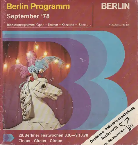 Verlag Berlin Programm Rimmbach, Steffan Rimbach, Benjamin Zowodny: Programmheft BERLIN PROGRAMM September 1978 Oper - Theater - Konzerte - Sport. 