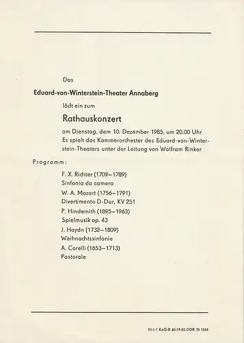 Eduard-von-Winterstein-Theater Annaberg: Theaterzettel RATHAUSKONZERT 10. Dezember 1985 Annaberg. 