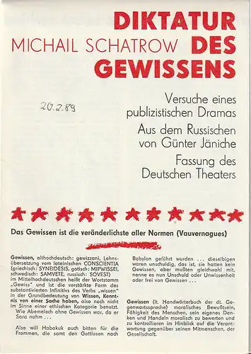 Deutsches Theater Staatstheater der DDR, Dieter Mann, Hans Nadolny, Heinz Rohloff: Programmheft Michail Schatrow DIKTATUR DES GEWISSENS Premiere 5. Juli 1988 Spielzeit 1987 / 88. 