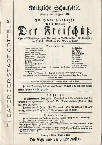 Theater der Stadt Cottbus, Herbert Keller, Dietmar Fritzsche, Walter Böhm: Programmheft Carl Maria von Weber DER FREISCHÜTZ Premiere 1. März 1969 Spielzeit 1968 / 69 Nr. 11. 