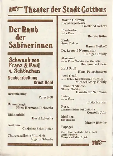 Theater der Stadt Cottbus, Johannes Steurich, Hans-Hermann Liebrecht: Programmheft von Schönthan DER RAUB DER SABINERINNEN Premiere 9. Oktober 1980 Spielzeit 1980 / 81 Nr. 2. 