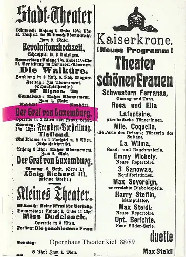 Theater Kiel, Bühnen der Landeshauptstadt Kiel, Dr. Volkmar Clauß, Karsten Bartels: Programmheft Franz Lehar DER GRAF VON LUXEMBURG Premiere 18. März 1989 Spielzeit 1988 / 89. 