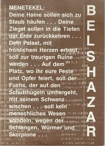 Hessisches Staatstheater Wiesbaden, Christoph Groszer, Ehrhardt Reinicke, Hans Walter Bottenbruch: Programmheft Volker David Kirchner BELSHAZAR ODER MENETEKEL Premiere 1. Februar 1986 Spielzeit 1985 / 86 Heft 9. 