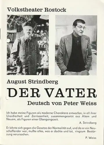 Volkstheater Rostock DDR, Hanns Anselm Perten, Christine Gundlach: Programmheft August Strindberg DER VATER Premiere 15. Dezember 1984 Spielzeit 1984 / 85. 