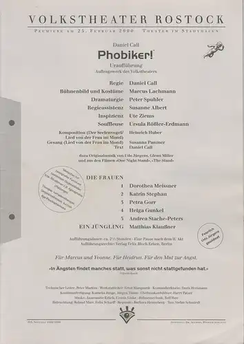 Volkstheater Rostock, Michael Winrich Schlicht, Peter Spuhler: Programmheft Uraufführung Daniel Call PHOBIKER! Premiere 25. Februar 2000 Theater im Stadthafen Spielzeit 1999 / 2000. 