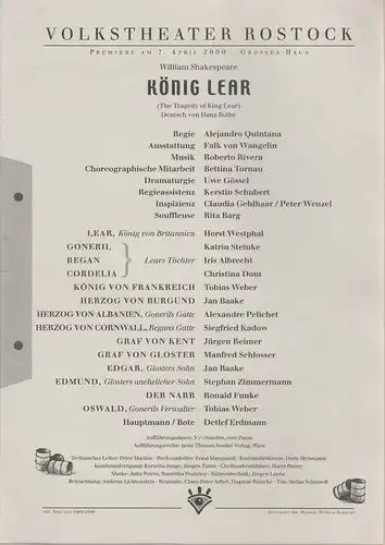 Volkstheater Rostock, Michael Winrich Schlicht, Uwe Gössel: Programmheft William Shakespeare KÖNIG LEAR Premiere 7. April 2000 Spielzeit 1999 / 2000. 