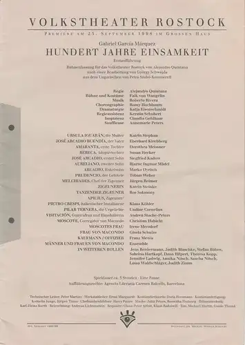 Volkstheater Rostock, Michael Winrich Schlicht, Katja Eisenschmidt: Programmheft Gabriel Garcia Marquez HUNDERT JAHRE EINSAMKEIT Premiere 25. September 1998. 