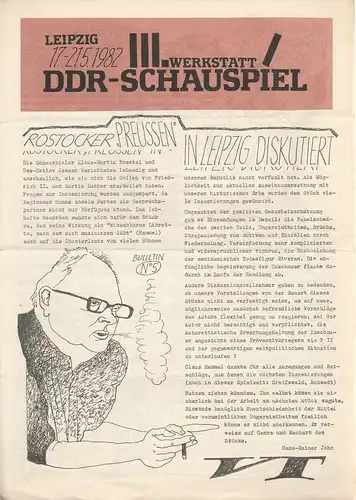 Peter Geng, Klaus Thiel, Bärbel Sass, Wolfgang Krause ( Grafik ): III. Werkstatt DDR-Schauspiel Leipzig 17-21.5.1982 Bulletin No 5. 