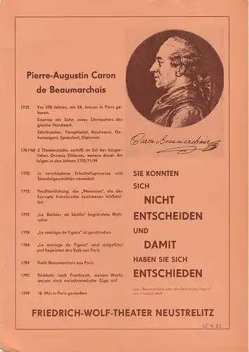 Friedrich-Wolf-Theater Neustrelitz, J. A. Weindich, Ruth Roßteuscher, Wolfdietrich Gerhardt: Programmheft Friedrich Wolf BEAUMARCHAIS oder DIE GEBURT DES FIGARO Premiere 30. Mai 1982 Heft 6 / 82. 