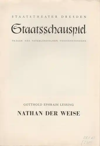 Staatstheater Dresden, Gerd Michael Henneberg, Eberhard Sprink, Heinz Pietzsch: Programmheft Gotthold Ephraim Lessing NATHAN DER WEISE Spielzeit 1959 / 60 Heft 7. 