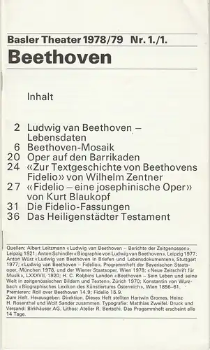 Basler Theater, Hartwin Gromes, Heinz H. Rosenthal, Wolf Sander: Programmheft BEETHOVEN Uraufführung ROLL OVER BEETHOVEN Schauspiel von Peter Greiner 14. September 1978 Basler Theater 1978 / 79 Heft 1. 