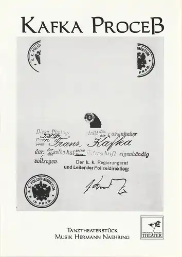 Brandenburger Theater, Michael Muhr, Matthias Grätz, Walter Rogge: Programmheft Hermann Naehring KAFKA PROCEß Premiere 1. Juni 1996 Studiobühne Spielzeit 1995 / 96 Heft 22. 