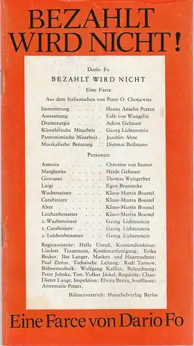 Volkstheater Rostock, Hanns Anselm Perten, Achim Gebauer, Georg Hülße: Programmheft Dario Fo BEZAHLT WIRD NICHT Spielzeit 1978 / 79. 