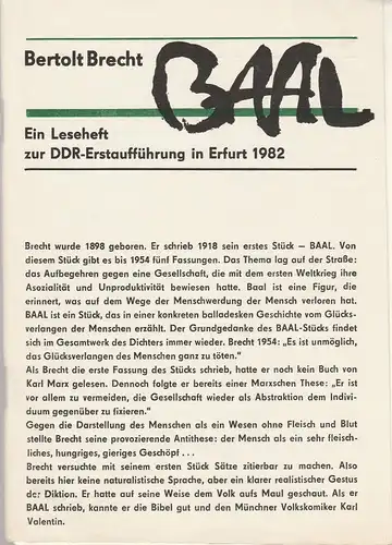 Städtische Bühnen Erfurt, Bodo Witte, Lothar Ehrlich, Friedo Solter, Hans Nadolny, Harald Gerlach, Regina Holland-Cunz: Programmheft Bertolt Brecht BAAL Premiere 27. Februar 1982 Spielzeit 1982 Heft 2. 