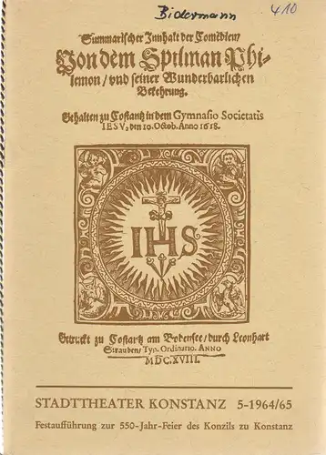 Stadttheater Konstanz, Kraft-Alexander, Ernst A. Hartung: Programmheft Jacob Bidermann PHILEMON MARTYR Spielzeit 5-1964 / 65. 