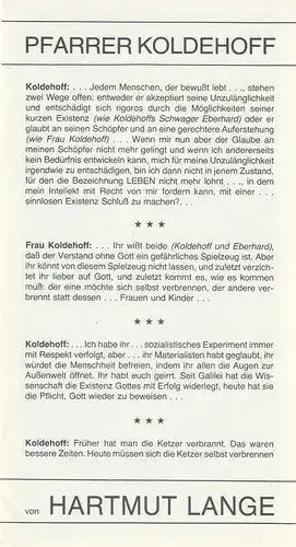 Stadttheater Bremerhaven, Walter Ruppel, Klaus Merzbacher: Programmheft Hartmut Lange PFARRER KOLDEHOFF Premiere 18. Oktober 1979 Kleines Haus Spielzeit 1979 / 80 Heft 11. 