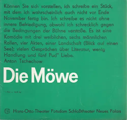 Hans-Otto-Theater Potsdam, Michael Philipps, Gabriele Koerbl: Programmheft Anton Tschechow DIE MÖWE Premiere 29. September 1973 Schloßtheater im Neuen Palais Spielzeit 1973 / 74 Heft 2. 