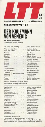 Landestheater Württemberg-Hohenzollern, Manfred Beilharz, Heiner Mey, Klaus Pierwoß, Wolfgang Spielvogel: Programmheft William Shakespeare DER KAUFMANN VON VENEDIG Premiere 12. September 1974 Tübingen Spielzeit 1974 / 75  Theaterzettel Nr. 1. 