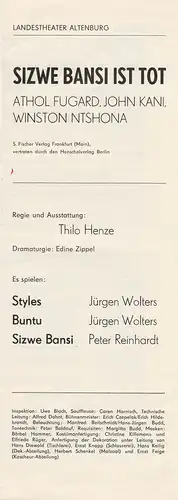 Landestheater Altenburg,Peter Posdzech, Edine Zippel: Programmheft Athol Fugard /John Kani / Winston Ntshona SIZWE BANSI IST TOT. 