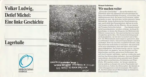 Städtische Bühnen Osnabrück, Erdmut Christian August, Wilfried Harlandt: Programmheft Volker Ludwig / Detlef Michel EINE LINKE GESCHICHTE Premiere 5. Januar 1982 Lagerhalle Spielzeit 1981 / 83 Programmplakat 4. 