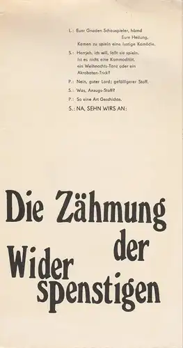 Landestheater Altenburg, Peter Posdzech, Gerhard Machnik,Uta Gallert, Ursula Müller: Programmheft William Shakespeare DIE ZÄHMUNG DER WIDERSPENSTIGEN Premiere 28. September 1975 Spielzeit 1975 / 76. 